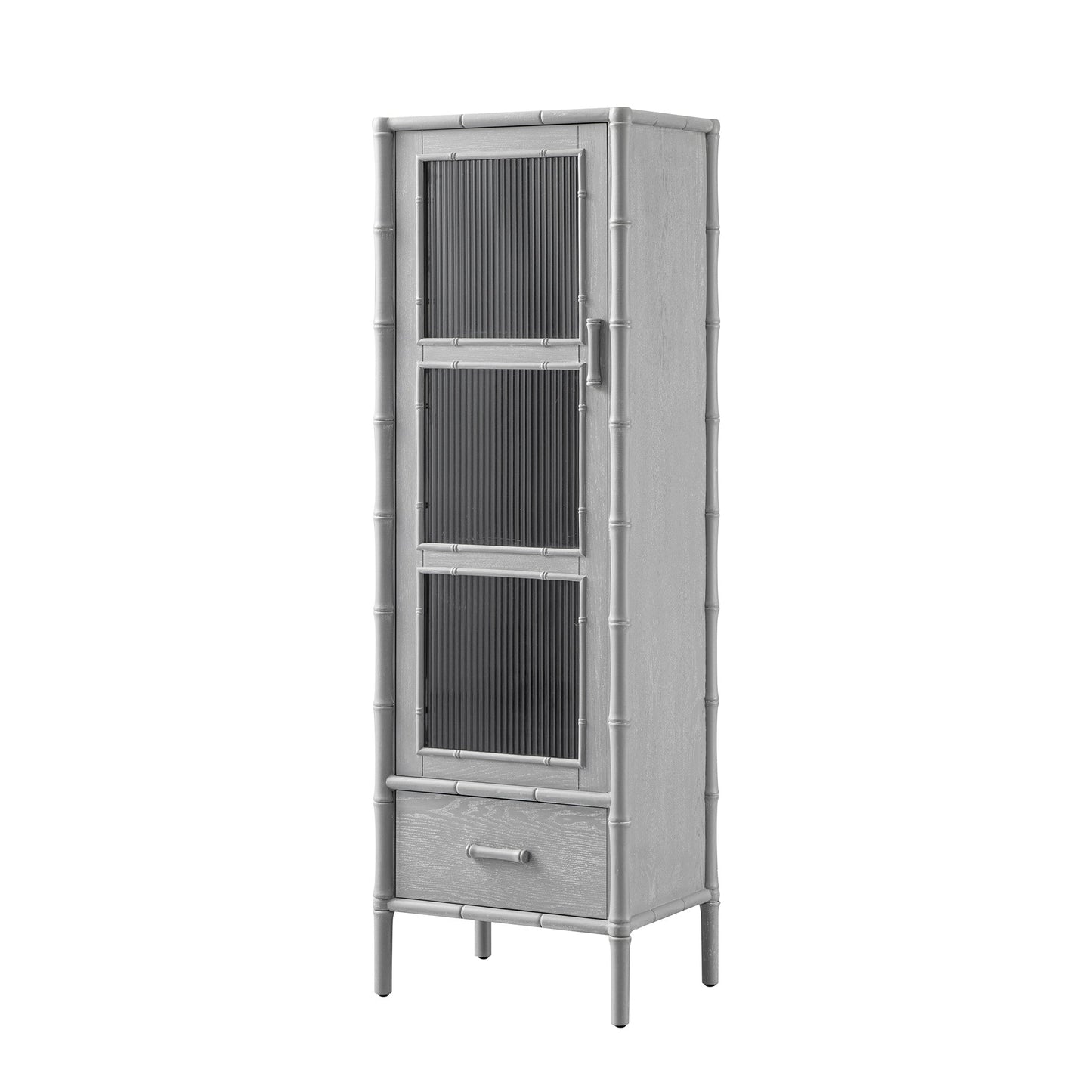 Armoire 1 porte Elstowe en imitation bambou et verre cannelé, gris chaud