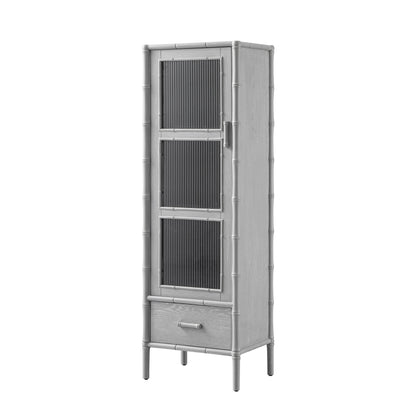 Armoire 1 porte Elstowe en imitation bambou et verre cannelé, gris chaud