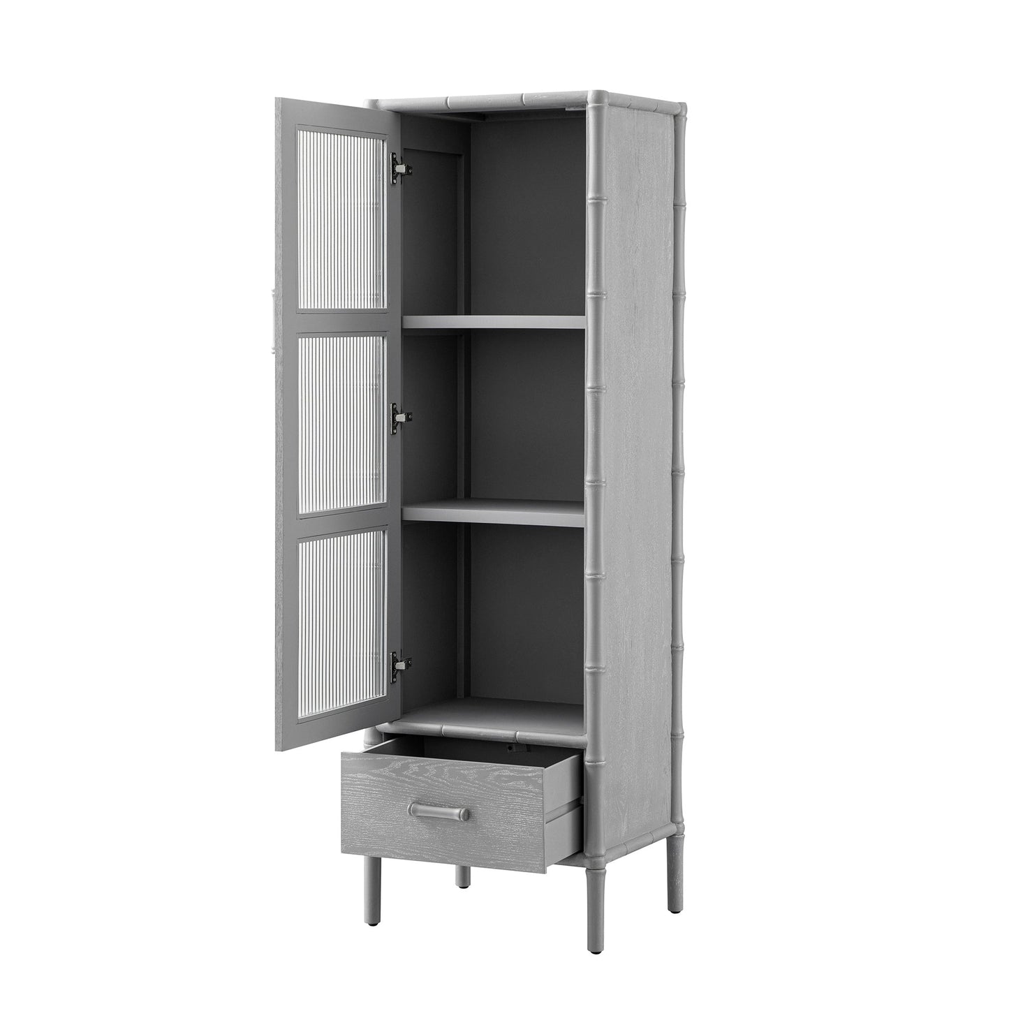 Armoire 1 porte Elstowe en imitation bambou et verre cannelé, gris chaud