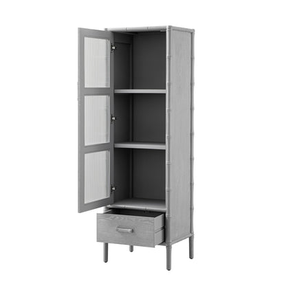Armoire 1 porte Elstowe en imitation bambou et verre cannelé, gris chaud