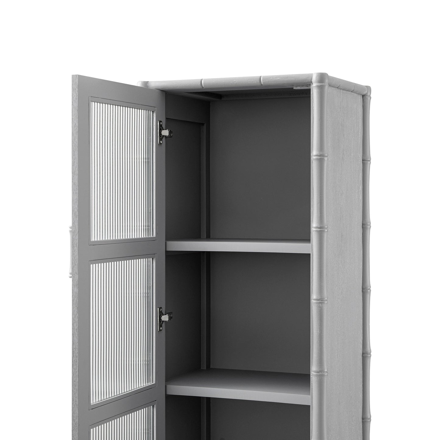 Armoire 1 porte Elstowe en imitation bambou et verre cannelé, gris chaud