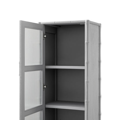 Armoire 1 porte Elstowe en imitation bambou et verre cannelé, gris chaud