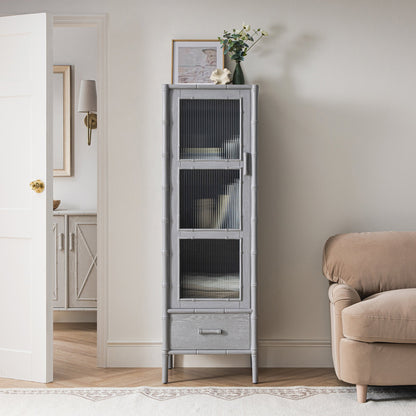 Armoire 1 porte Elstowe en imitation bambou et verre cannelé, gris chaud