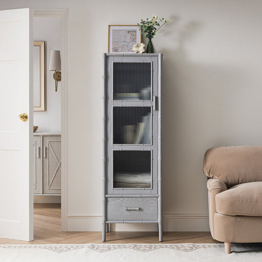 Armoire 1 porte Elstowe en imitation bambou et verre cannelé, gris chaud