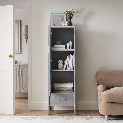 Armoire 1 porte Elstowe en imitation bambou et verre cannelé, gris chaud