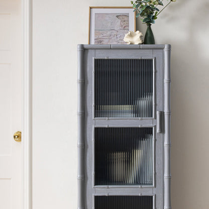Armoire 1 porte Elstowe en imitation bambou et verre cannelé, gris chaud