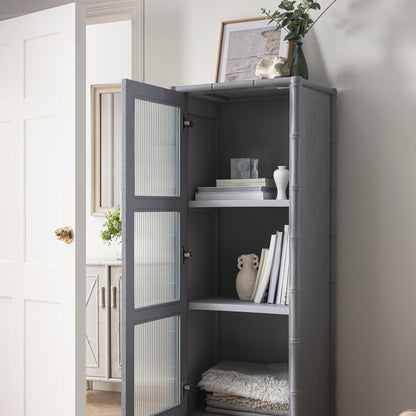 Armoire 1 porte Elstowe en imitation bambou et verre cannelé, gris chaud