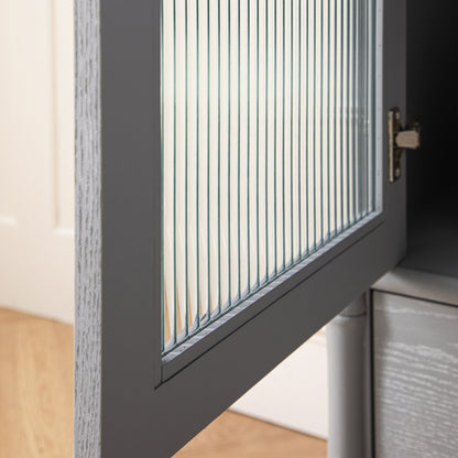 Armoire 1 porte Elstowe en imitation bambou et verre cannelé, gris chaud