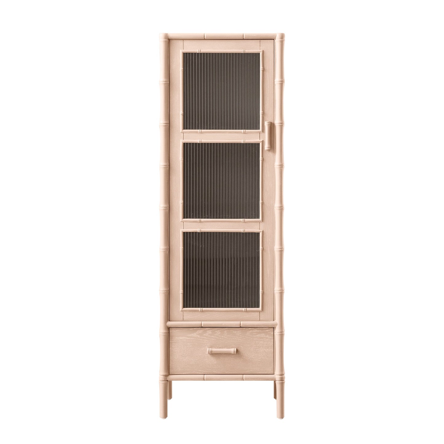 Armoire 1 porte Elstowe en imitation bambou et verre cannelé, rose nude