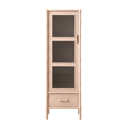 Armoire 1 porte Elstowe en imitation bambou et verre cannelé, rose nude