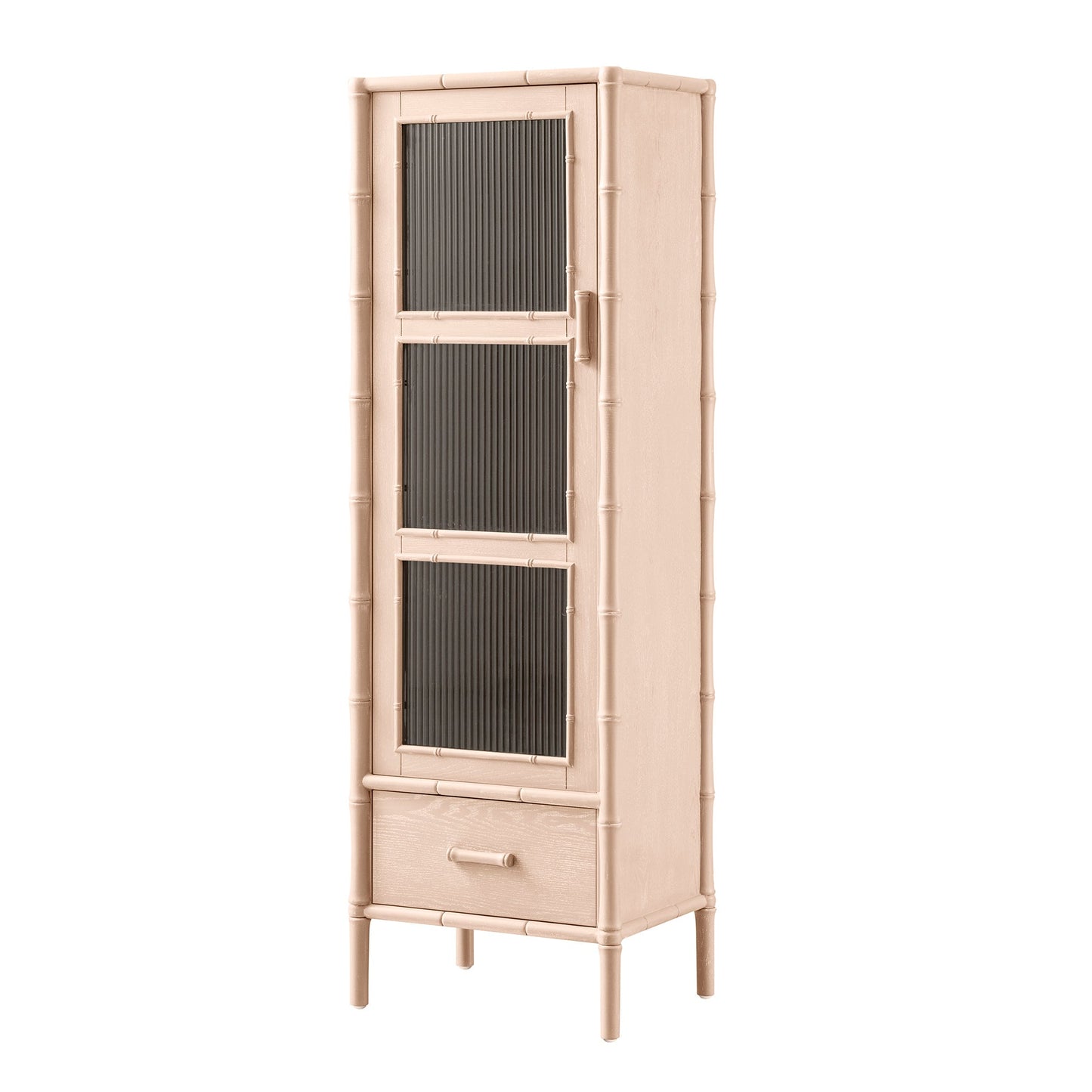 Armoire 1 porte Elstowe en imitation bambou et verre cannelé, rose nude