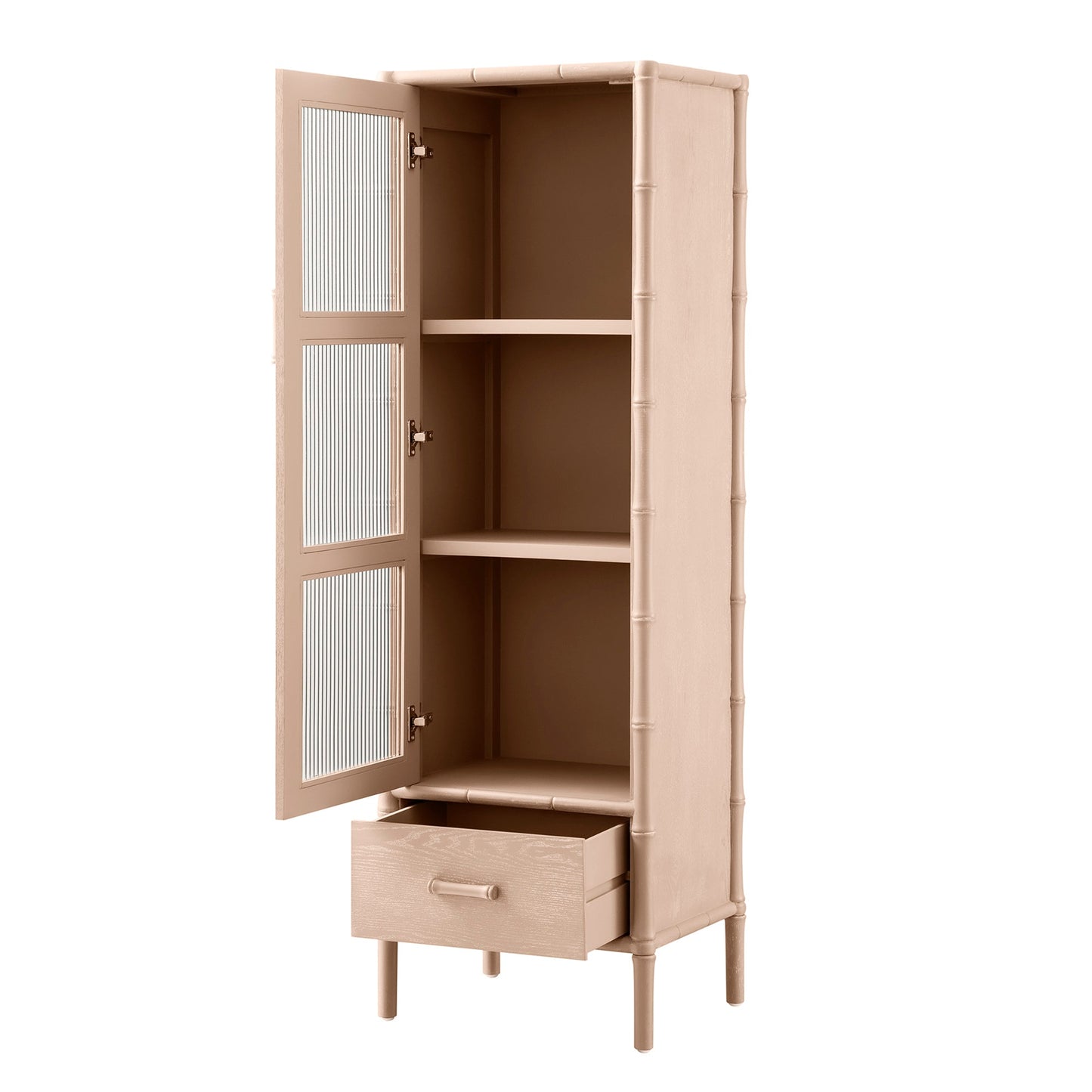 Armoire 1 porte Elstowe en imitation bambou et verre cannelé, rose nude