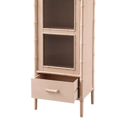Armoire 1 porte Elstowe en imitation bambou et verre cannelé, rose nude