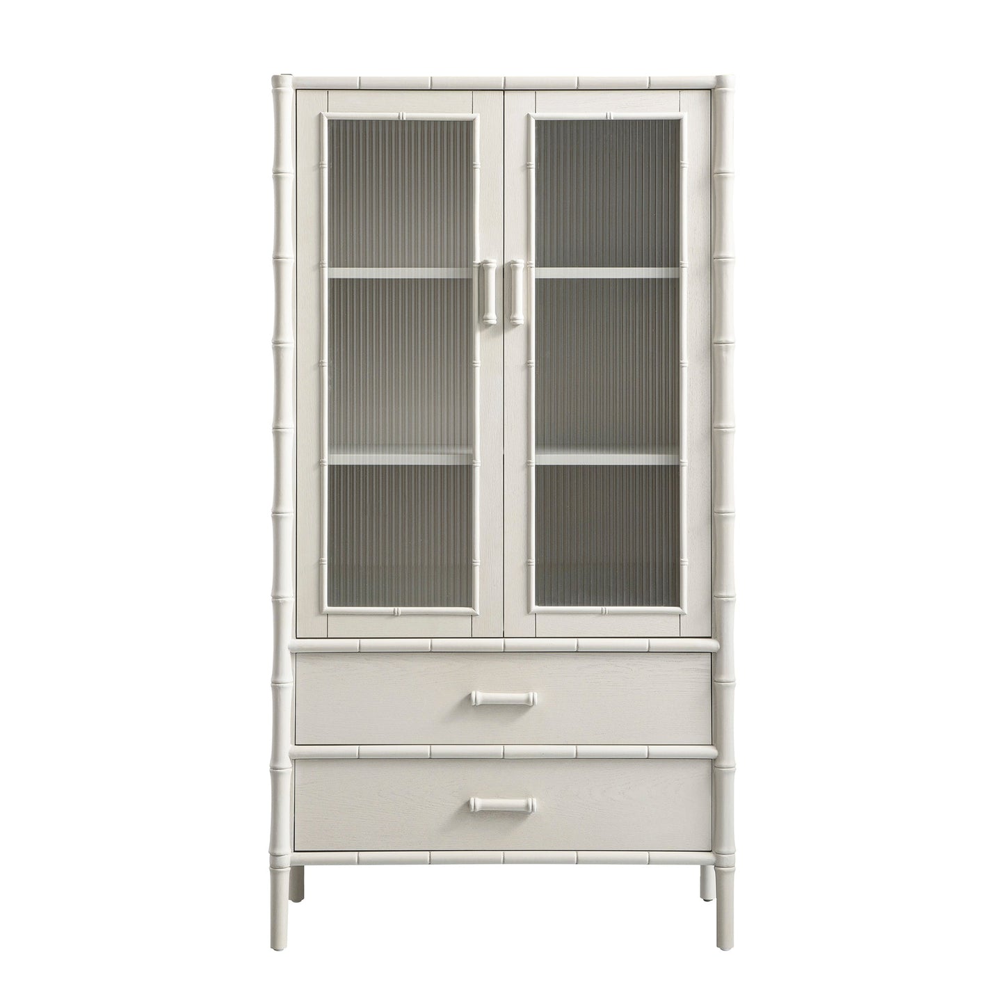 Armoire 2 portes Elstowe en imitation bambou et verre cannelé, blanc ombré