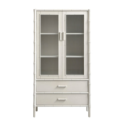 Armoire 2 portes Elstowe en imitation bambou et verre cannelé, blanc ombré