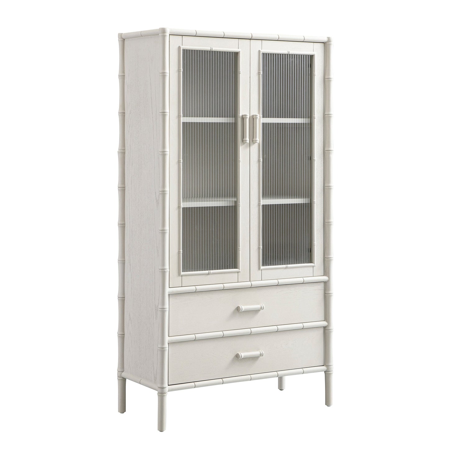 Armoire 2 portes Elstowe en imitation bambou et verre cannelé, blanc ombré