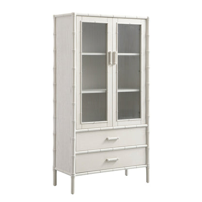 Armoire 2 portes Elstowe en imitation bambou et verre cannelé, blanc ombré