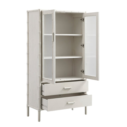 Armoire 2 portes Elstowe en imitation bambou et verre cannelé, blanc ombré