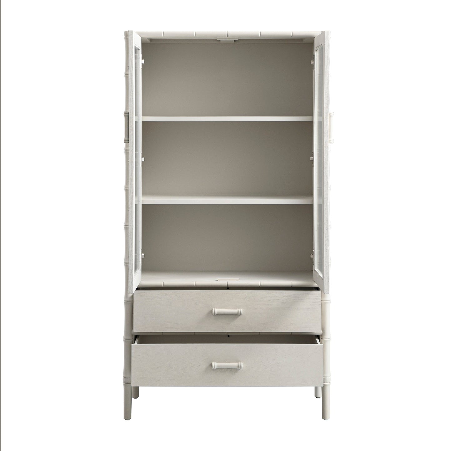 Armoire 2 portes Elstowe en imitation bambou et verre cannelé, blanc ombré