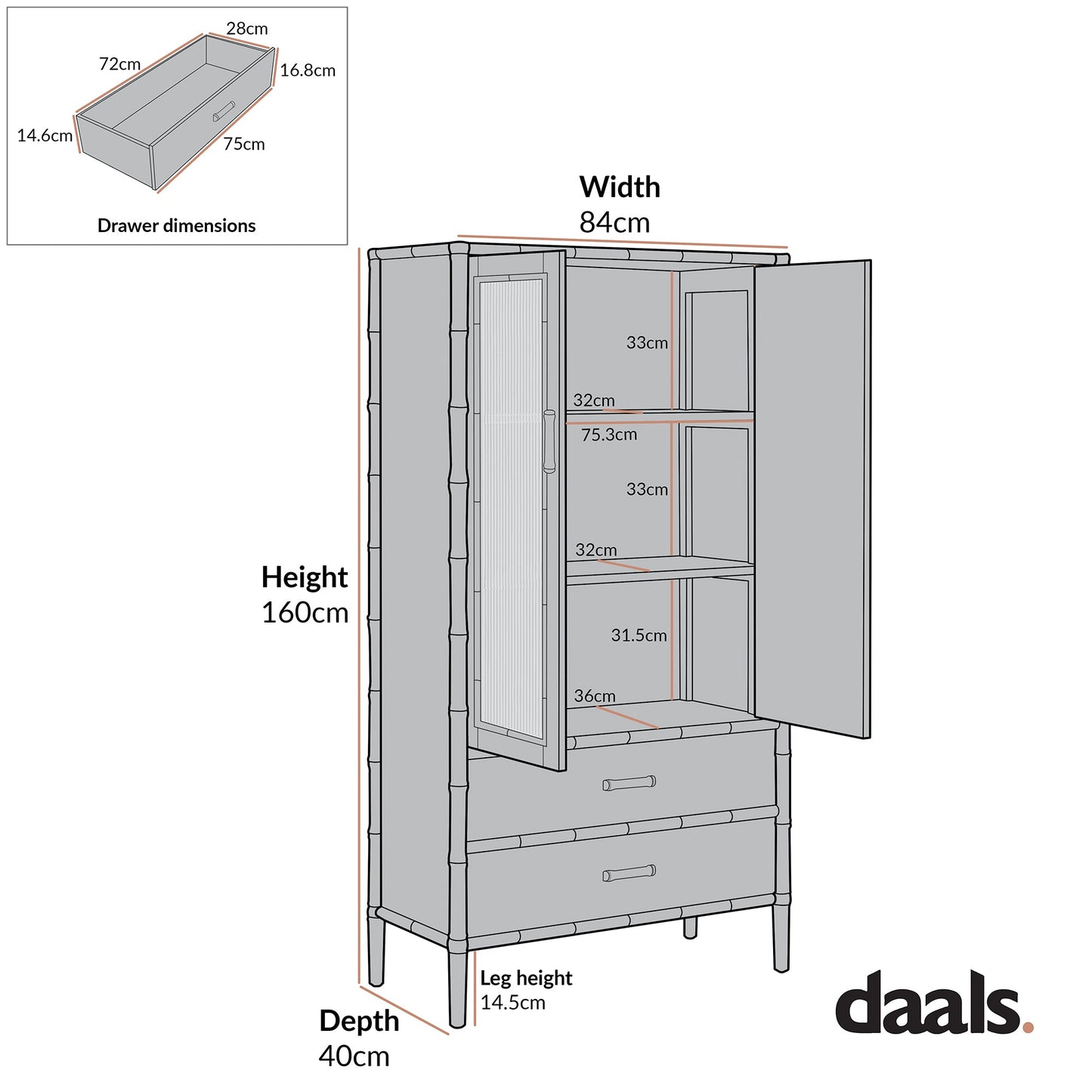 Armoire 2 portes Elstowe en imitation bambou et verre cannelé, rose nude