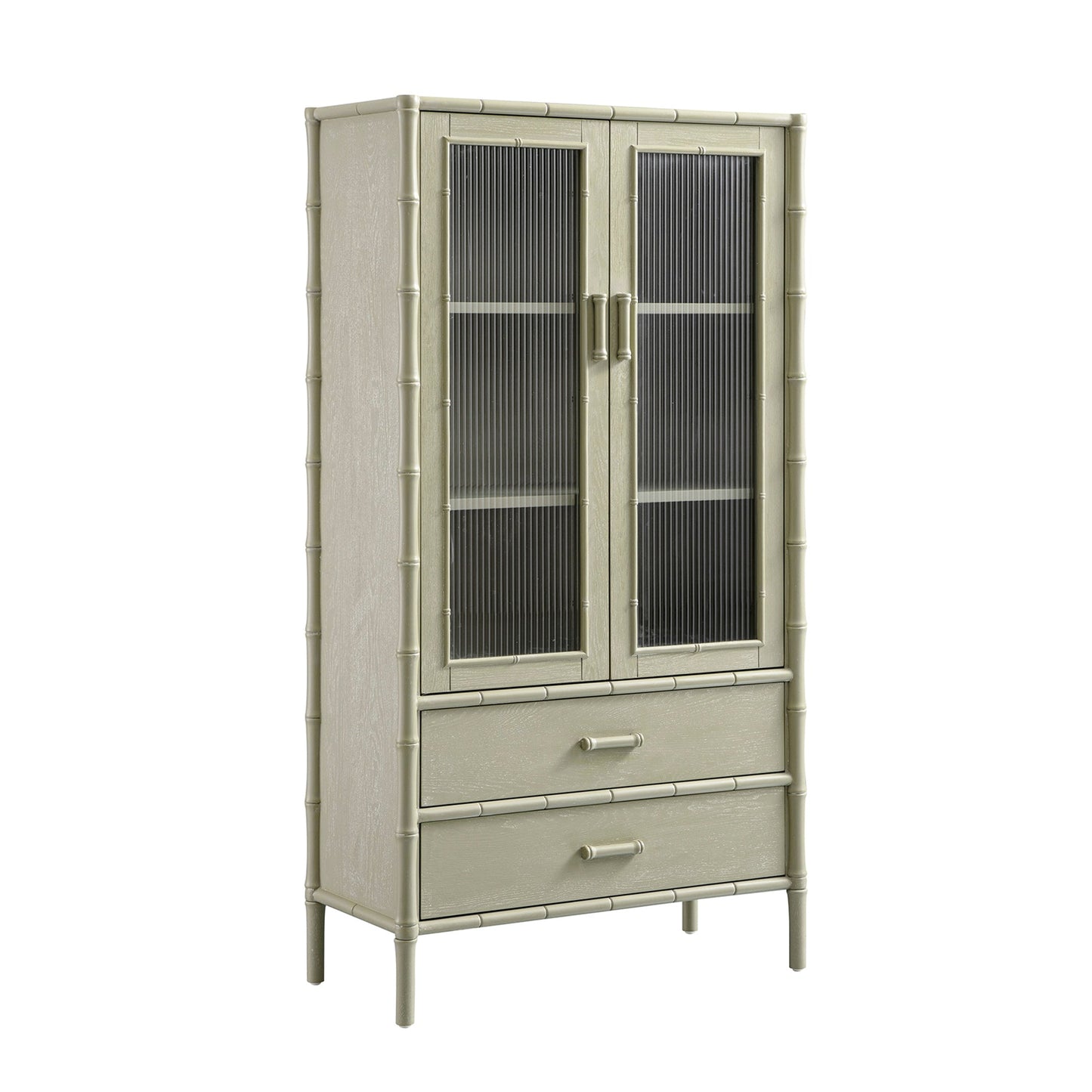 Armoire 2 portes Elstowe en imitation bambou et verre cannelé, vert sauge