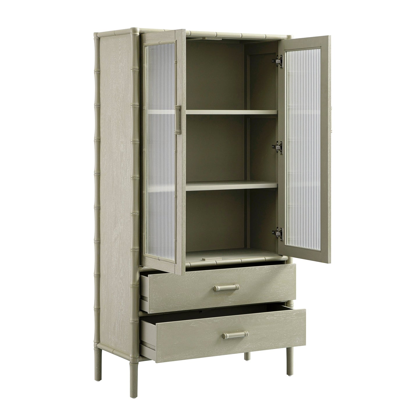 Armoire 2 portes Elstowe en imitation bambou et verre cannelé, vert sauge