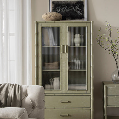 Armoire 2 portes Elstowe en imitation bambou et verre cannelé, vert sauge