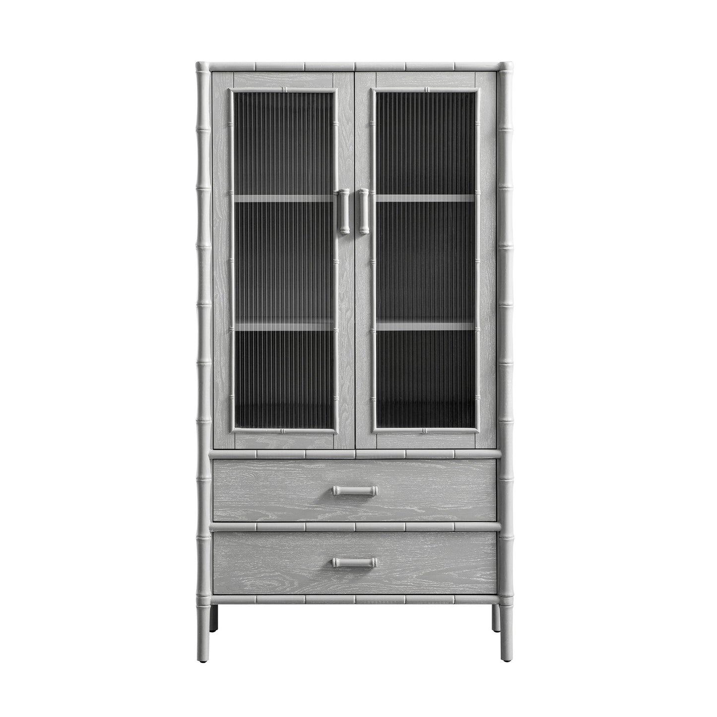 Armoire 2 portes Elstowe en imitation bambou et verre cannelé, gris chaud