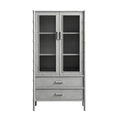 Armoire 2 portes Elstowe en imitation bambou et verre cannelé, gris chaud