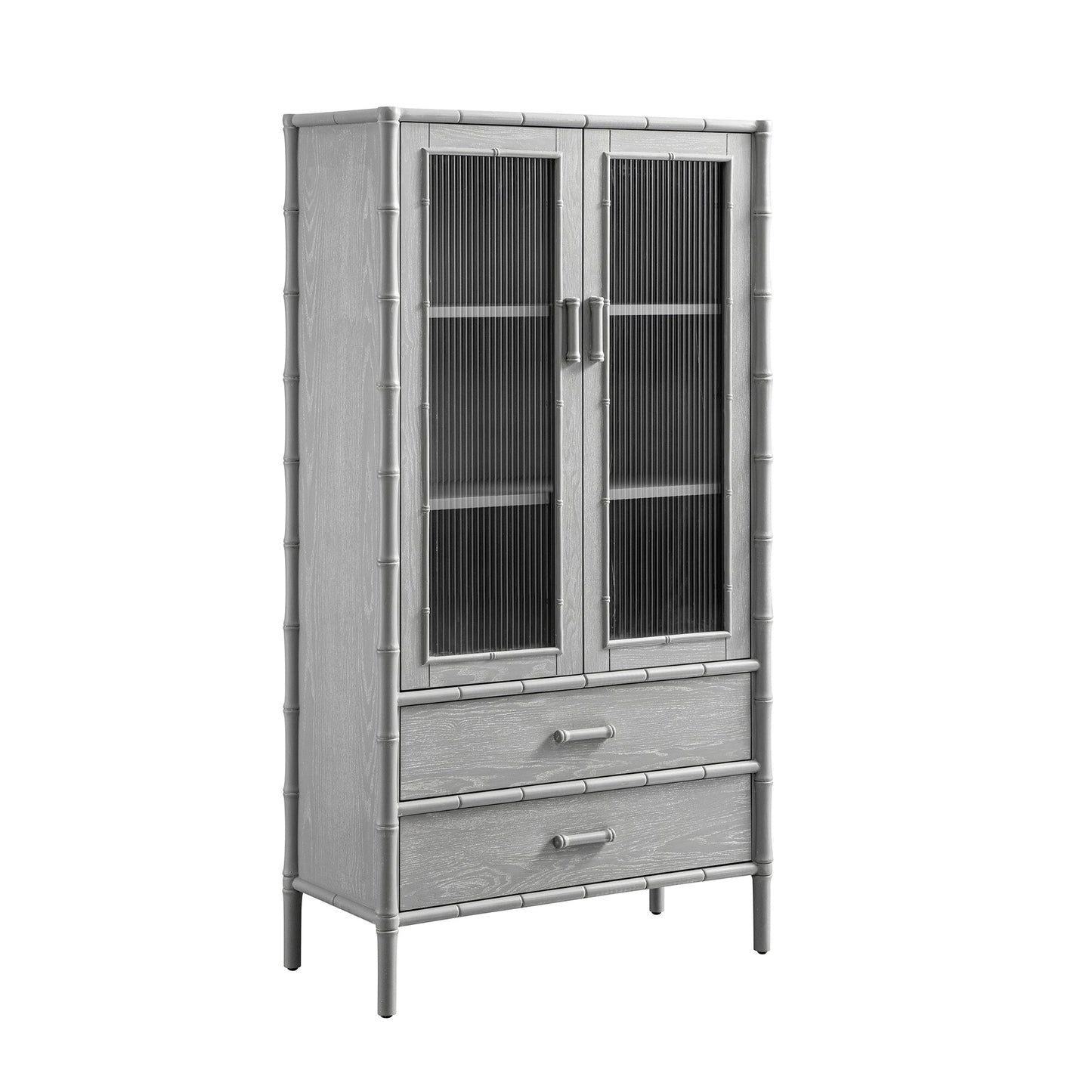 Armoire 2 portes Elstowe en imitation bambou et verre cannelé, gris chaud