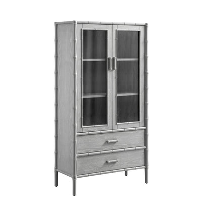 Armoire 2 portes Elstowe en imitation bambou et verre cannelé, gris chaud