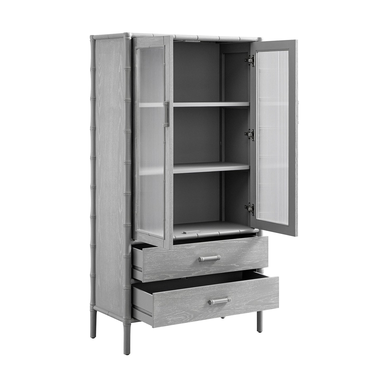 Armoire 2 portes Elstowe en imitation bambou et verre cannelé, gris chaud