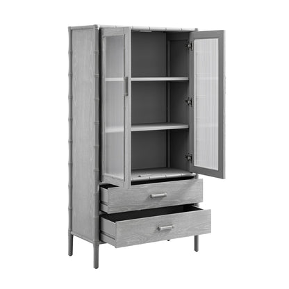 Armoire 2 portes Elstowe en imitation bambou et verre cannelé, gris chaud