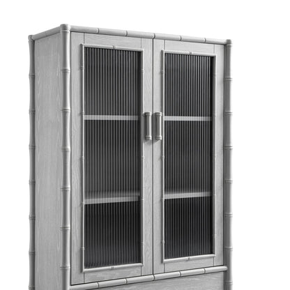 Armoire 2 portes Elstowe en imitation bambou et verre cannelé, gris chaud