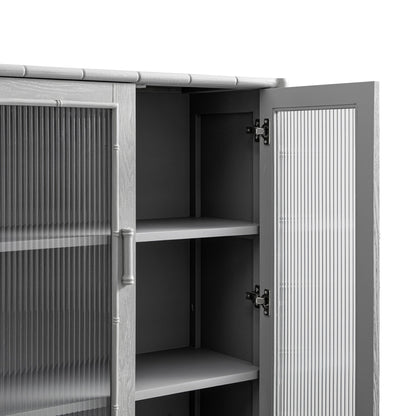 Armoire 2 portes Elstowe en imitation bambou et verre cannelé, gris chaud