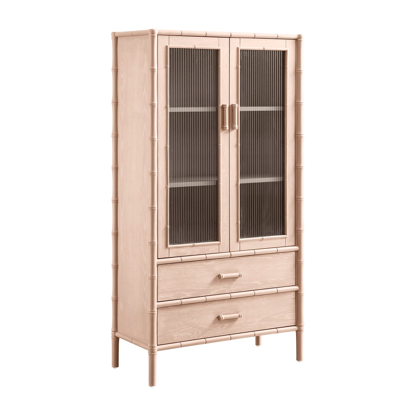 Armoire 2 portes Elstowe en imitation bambou et verre cannelé, rose nude