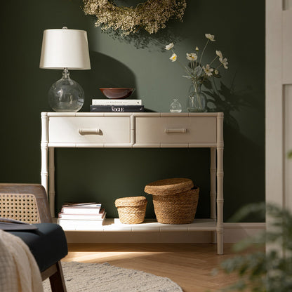 Console Elstowe imitation bambou à 2 tiroirs, blanc ombré