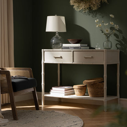 Console Elstowe imitation bambou à 2 tiroirs, blanc ombré