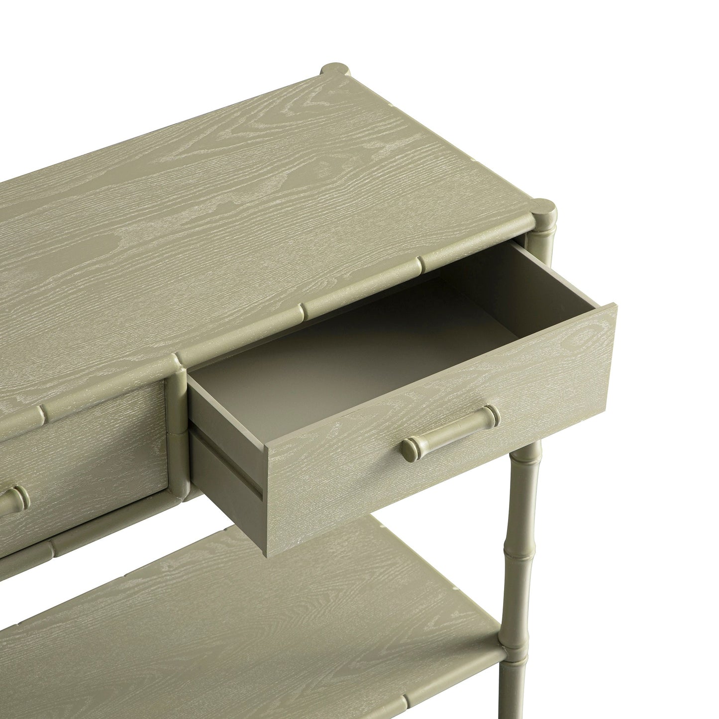 Console 2 tiroirs Elstowe en imitation bambou, vert sauge