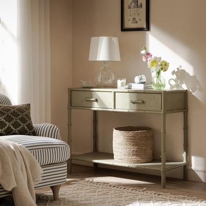 Console 2 tiroirs Elstowe en imitation bambou, vert sauge