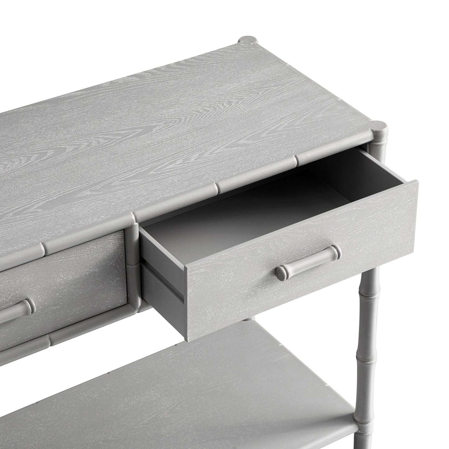 Console 2 tiroirs Elstowe en imitation bambou, gris chaud
