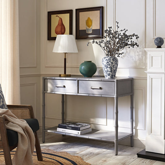 Console 2 tiroirs Elstowe en imitation bambou, gris chaud