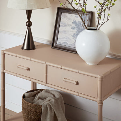Console 2 tiroirs Elstowe en imitation bambou, rose nude
