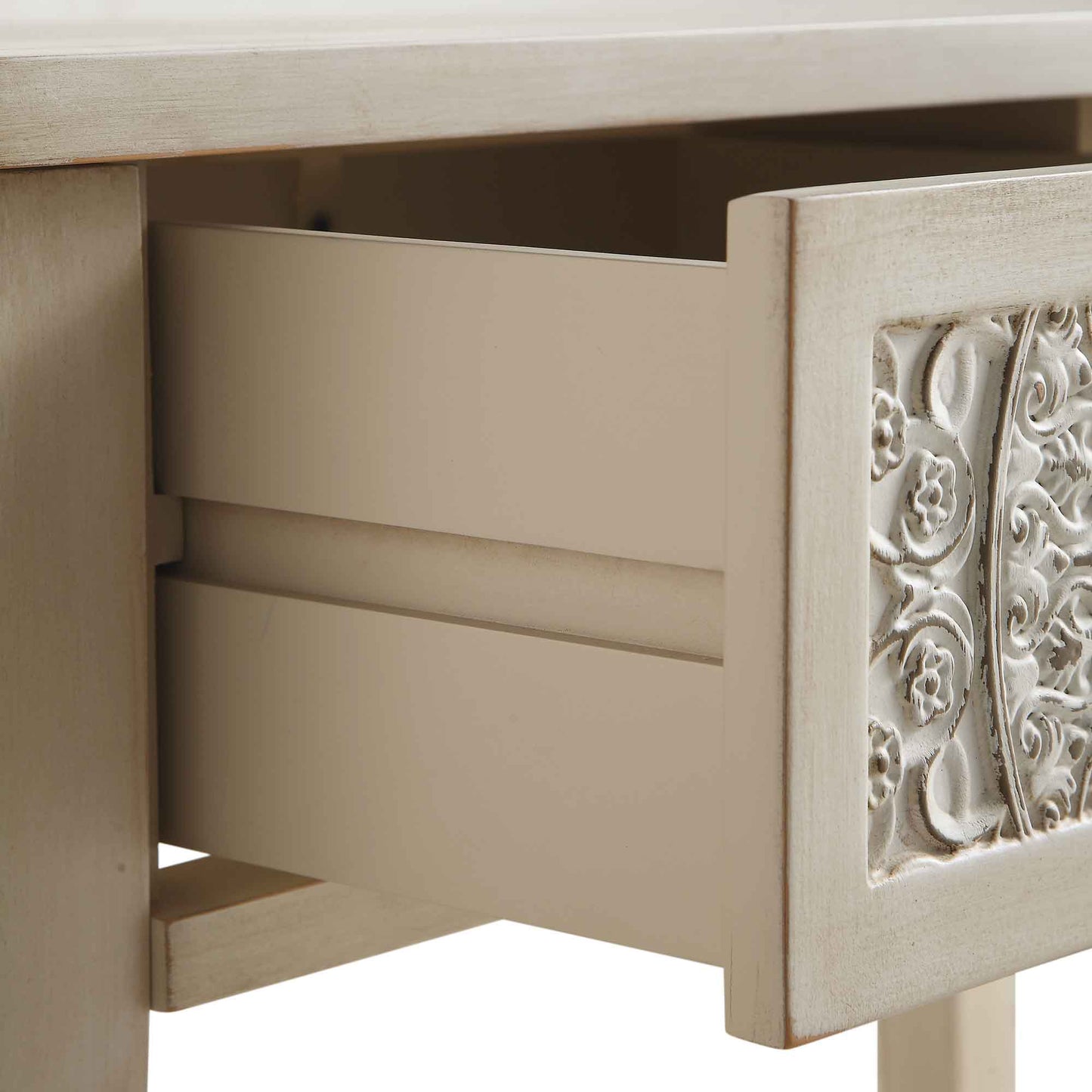 Console/coiffeuse sculptée blanchie à la chaux de Chantilly