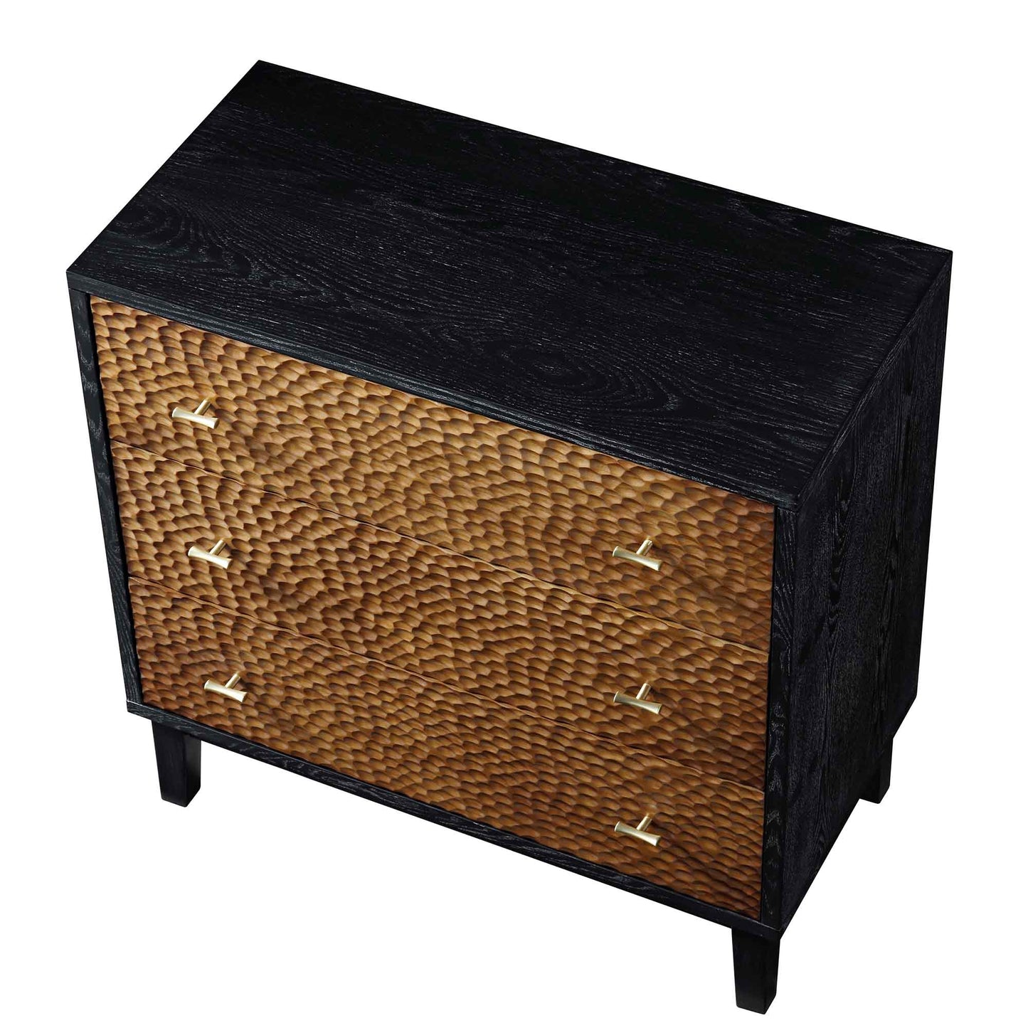 Commode 3 tiroirs sculptée Bianca Chip, bronze antique et noir
