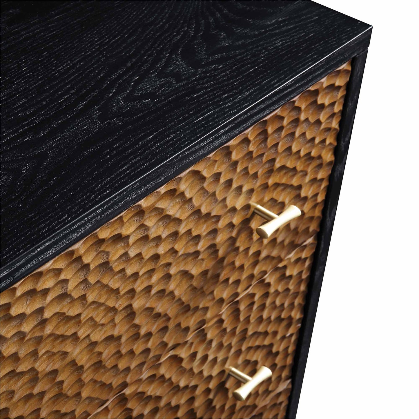 Commode 3 tiroirs sculptée Bianca Chip, bronze antique et noir