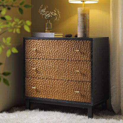 Commode 3 tiroirs sculptée Bianca Chip, bronze antique et noir