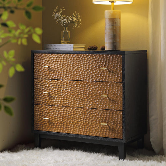 Commode 3 tiroirs sculptée Bianca Chip, bronze antique et noir