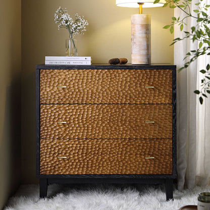 Commode 3 tiroirs sculptée Bianca Chip, bronze antique et noir