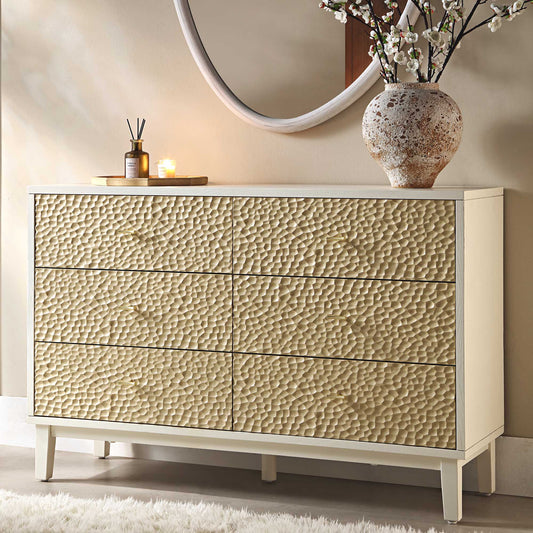 Commode 6 tiroirs sculptée Bianca Chip, beige sable et ivoire